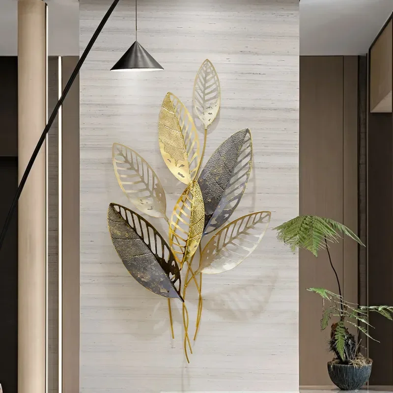 Luxury Handmade Wrought Iron Hollow Leaves Wall Hanging Creative Home Living Room Entrance Wall Decor Metal Art Pendant
