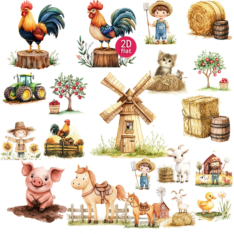 20pcs 2D flat Decorative Stickers, Farm Animal Theme, Watercolor Style, Suitable for diaries and DIY scrapbook stickers