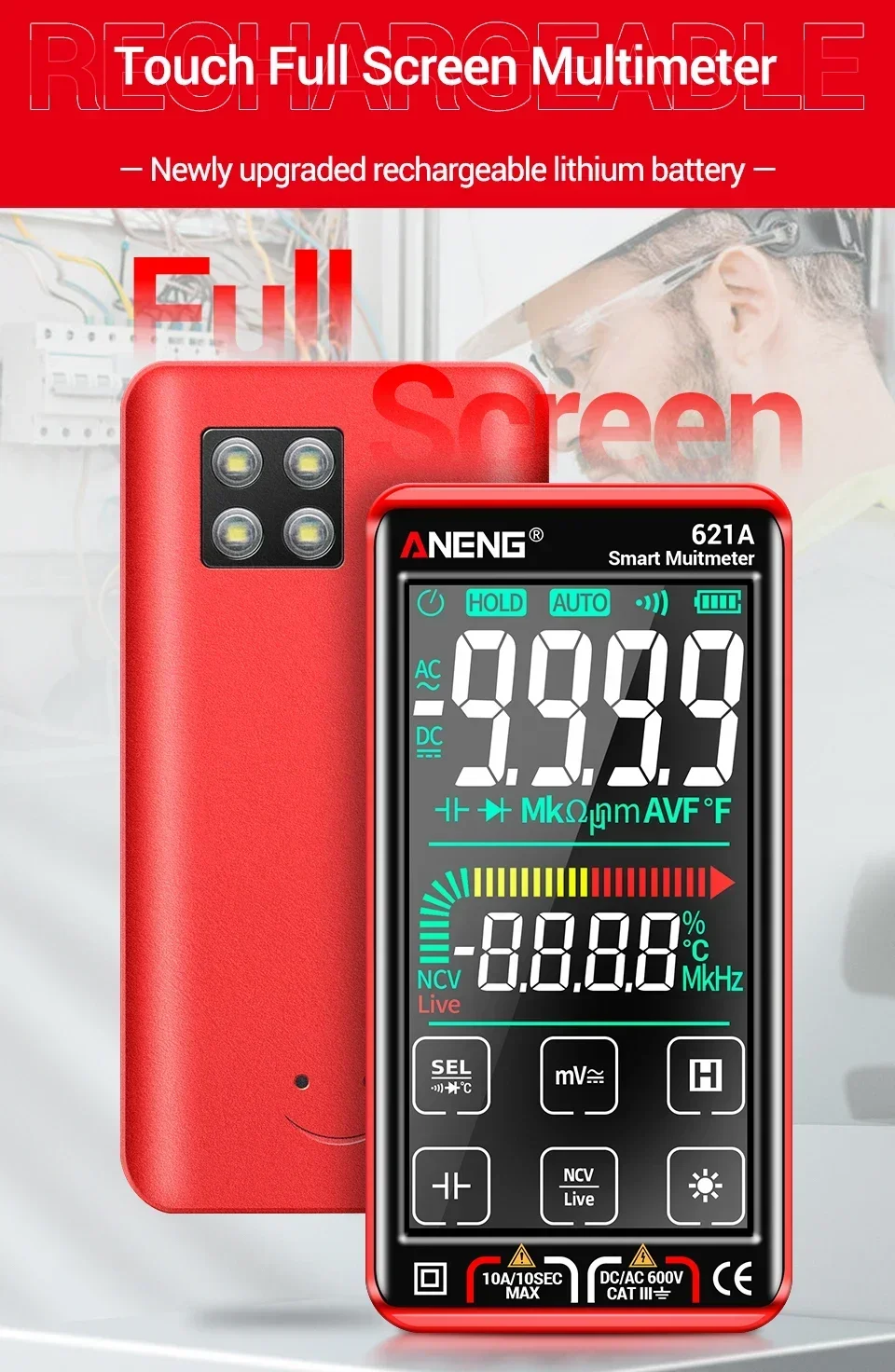 ANENG 620C/621A Digitales Multimeter AC/DC Spannungs- und Strommessgerät 6000 Anzeigen NCV Temperatur Kapazität Widerstand Frequenz ﻿ – Detail 13