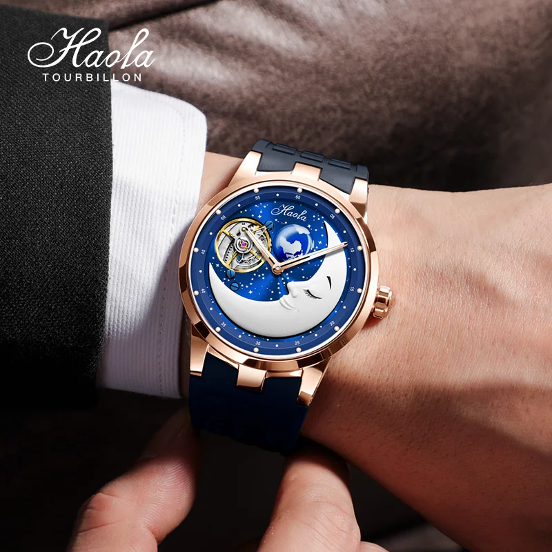 Haofa Flying Carrousel Mechanical Mens Watch Sapphire Manual Rotating Karrusel Watch For Men Moon Waterproof Luminous Luxury