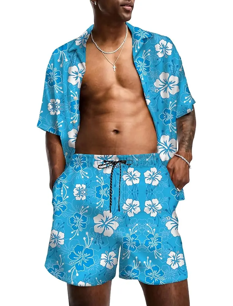 

KYKU Mens Hawaiian Shirt and Short Set - Summer Short Sleeve Button Down Beach Shirts Tropical Vacation 2 Piece Outfits