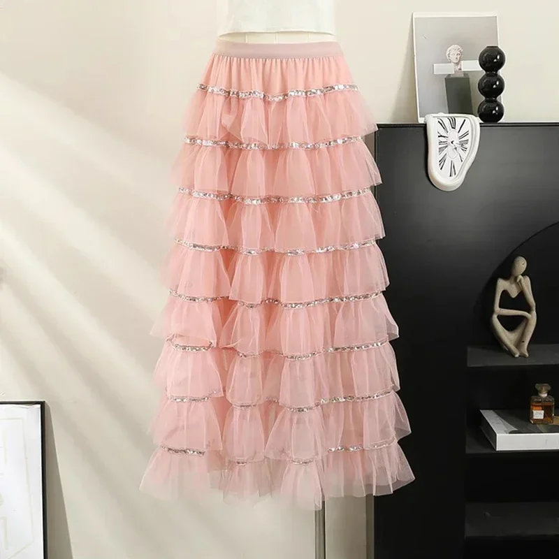 Imagem -02 - Saia de Tutu em Camadas Maxi Feminina Rosa Cintura Alta Malha Longa Linha a Lantejoulas na Moda Doce Novo Coreano P479