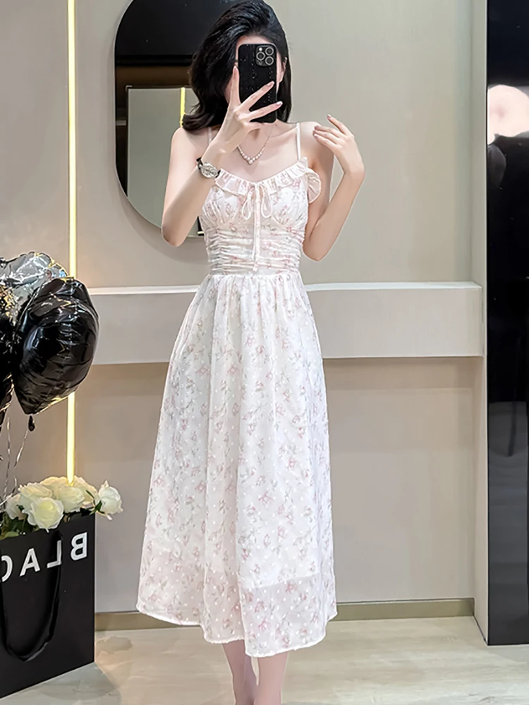 Letnia sukienka na ramiączkach z żakardu w kwiaty z szyfonu, elegancka, z falbankami + koronkowe koszulki, dwuczęściowe zestawy damskie, nowe koreańskie eleganckie komplety sukienek, lato 2025