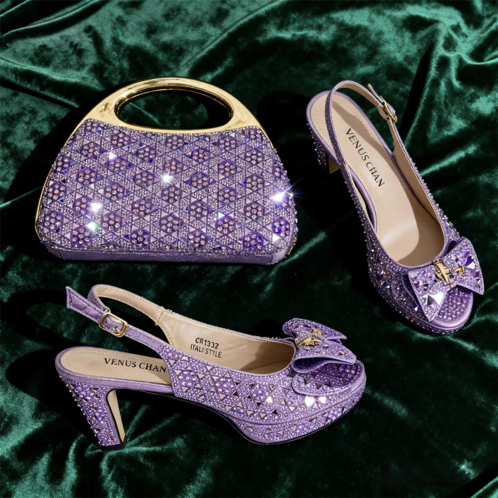 

Newest Ladies Shoes and Bags Full Diamond Decoration Fish Shoes lavende Color Beaked Toe Cap Party high heel