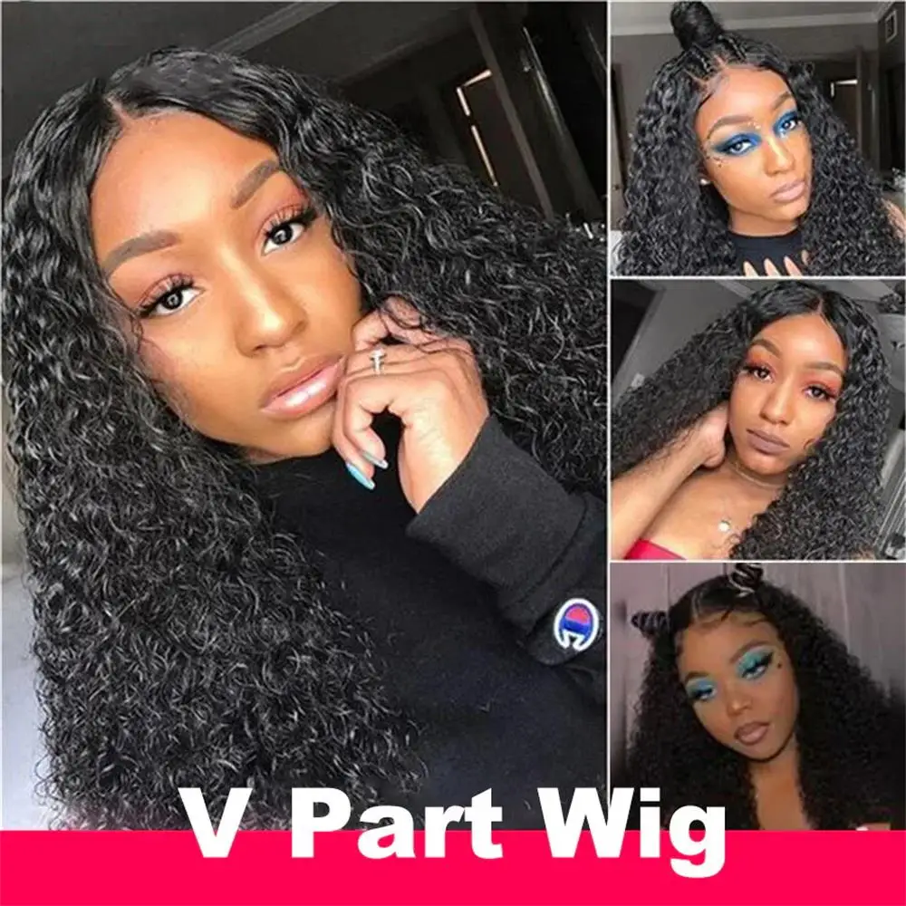 V Partวิกผมผมมนุษย์Deep Wave No Leave Out U Partวิกผมสําหรับผู้หญิงสีดําGlueless Curly V Partวิกผมมนุษย์ไม่มีกาววิกผมมนุษย์