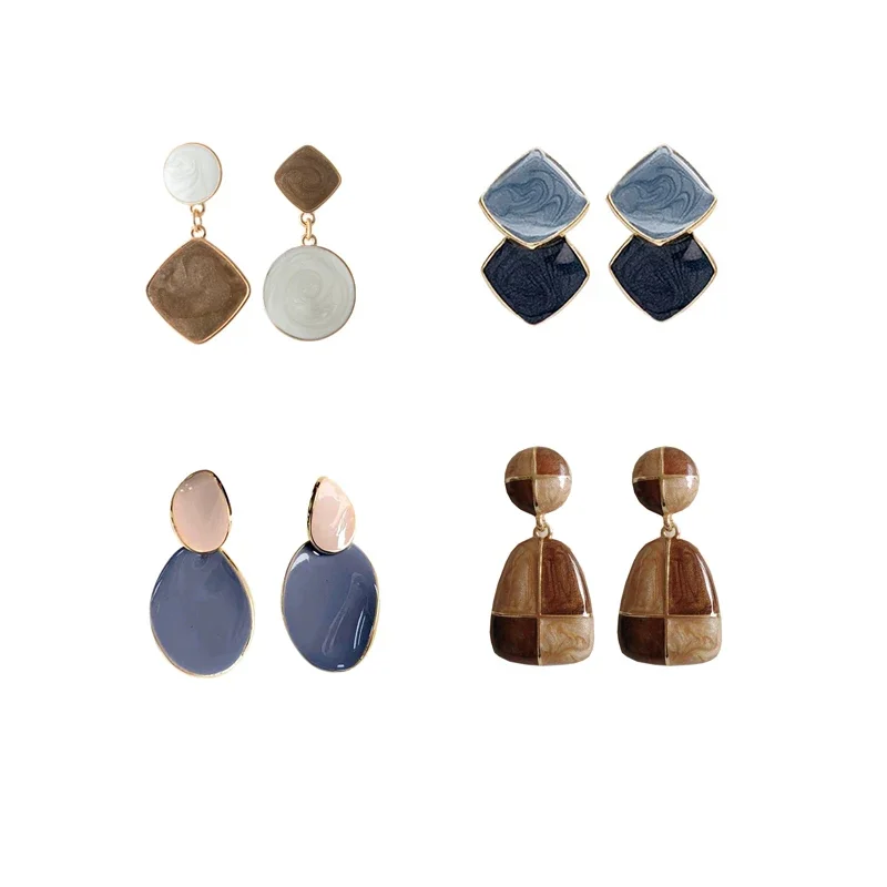 Enamel Brown Blue Rhombus Round Square Earrings Quality Oil Drop Geometric Clip on Earrings Women No Pierced Ears