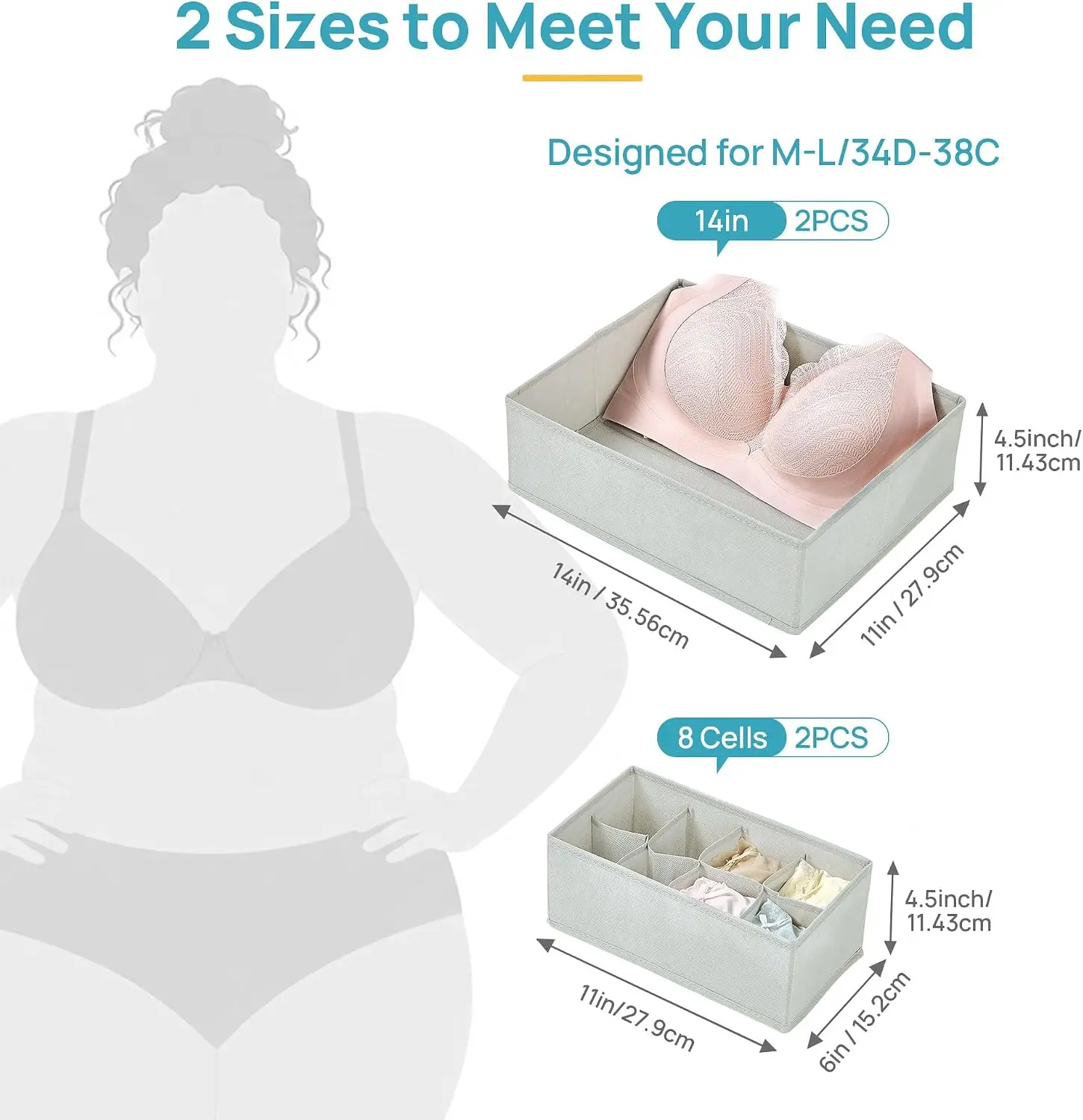 4 Pack Large Bra Drawer Organizer, 14 Inch Foldable Fabric Underwear Storage Tray for Dresser Drawers, Keeps Shape for M-L/34D-3