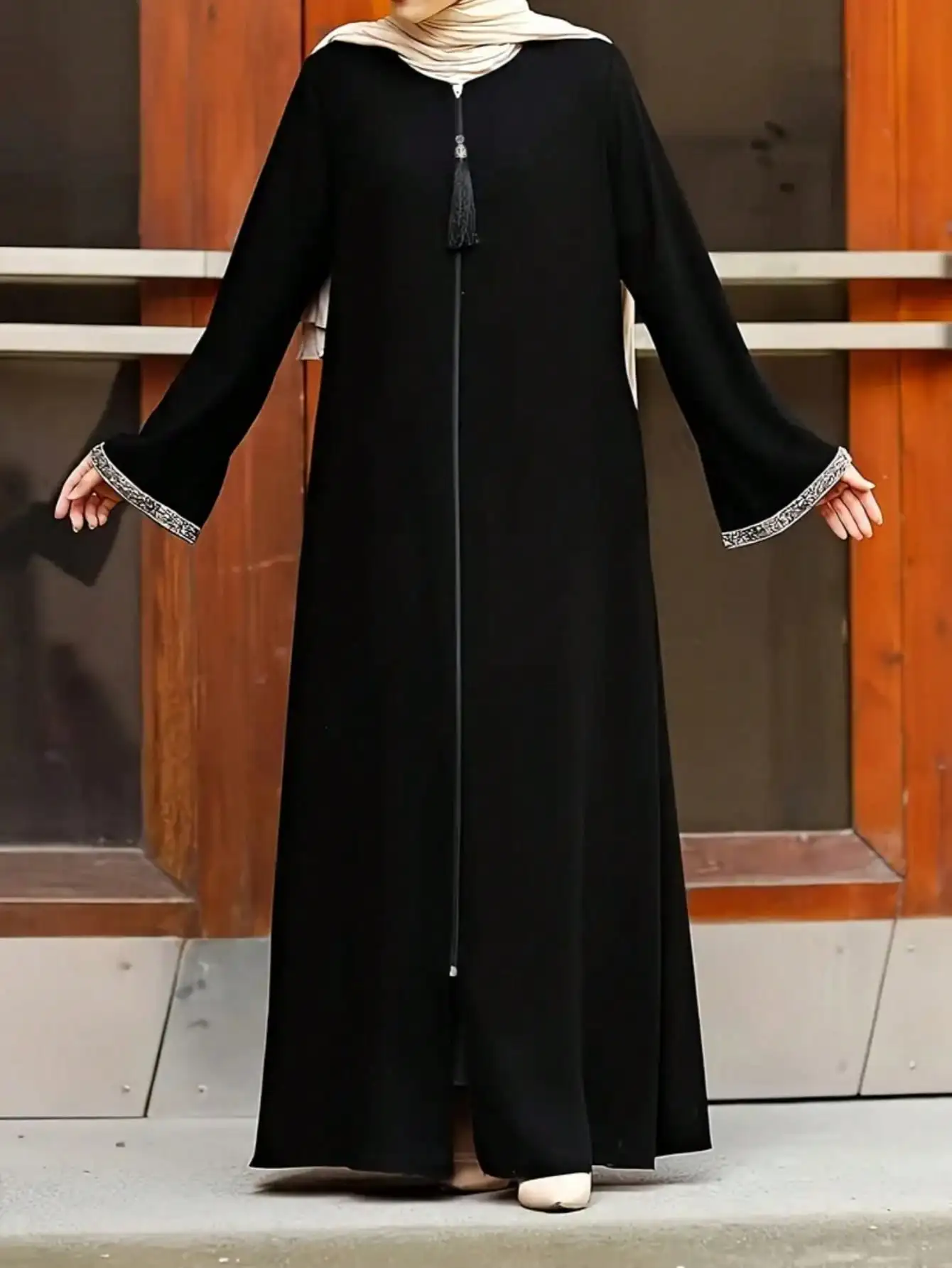 Fashion Arabian Wear Midi Women's Solid Colour Casual Loose Round Neck Zipper Robe Abaya Dresses