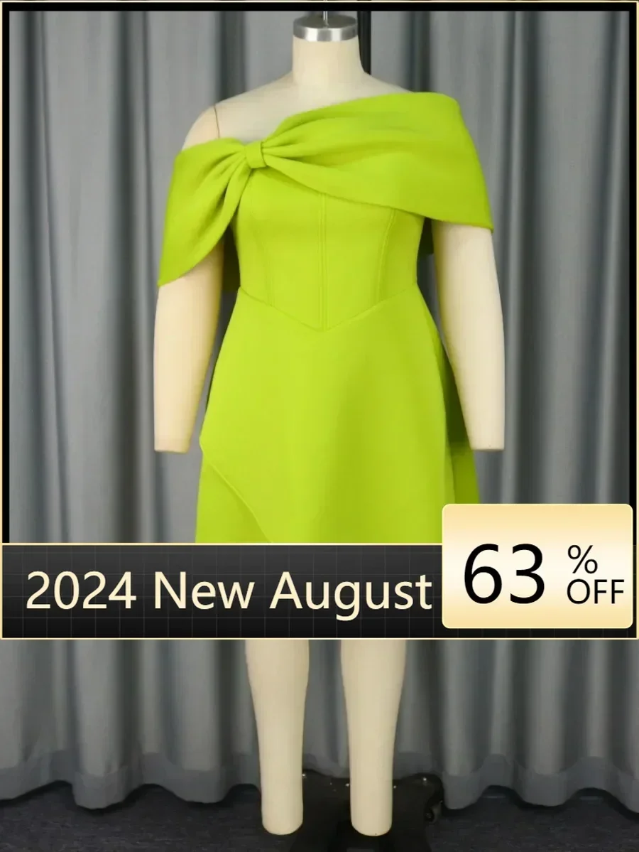 

Women Lovely Green Off Shoulder Summer Dress Big Bow Neck Package Hip Slim Mini Gowns Formal Evening Cocktail Dinner Party Robes