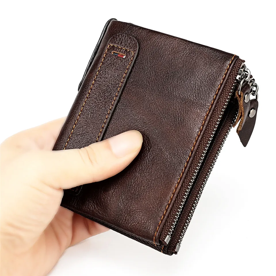 

New RFID Retro Leather Men's Wallet Double Zipper Vintage Buckle Short Money Wallet Card Holder with Coin Purse Wallet for Men