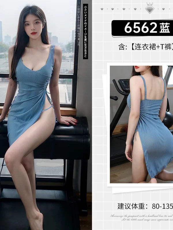 Goddess Dress Fairy Blue Hollow Pleated High Waist Split Dress Elegant Sexy Drawstring Tops 2024 New Korean D032