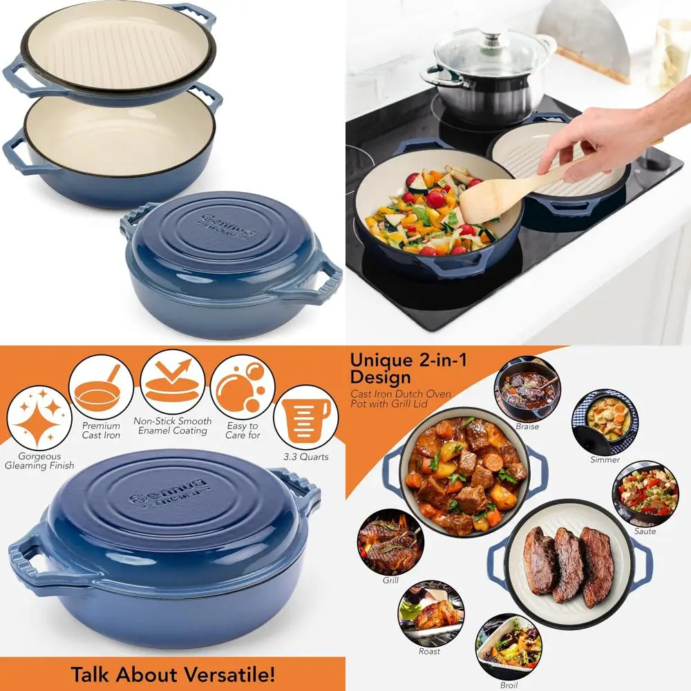 

Эмалированная чугунная сковорода с крышкой гриля — небольшая голландская духовка толщиной 3,3 литра, кастрюля и сковорода-гриль с плитой для приготовления пищи