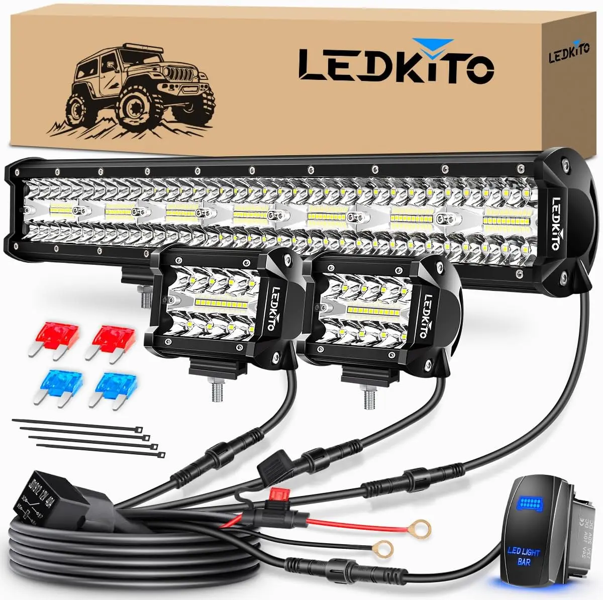 20 Inch LED Light Bar and 4 Inch LED Pods 2PCS Kit with 3 Leads Wiring Harness Rocker Switch Triple Row Off Road Light Bar Spot