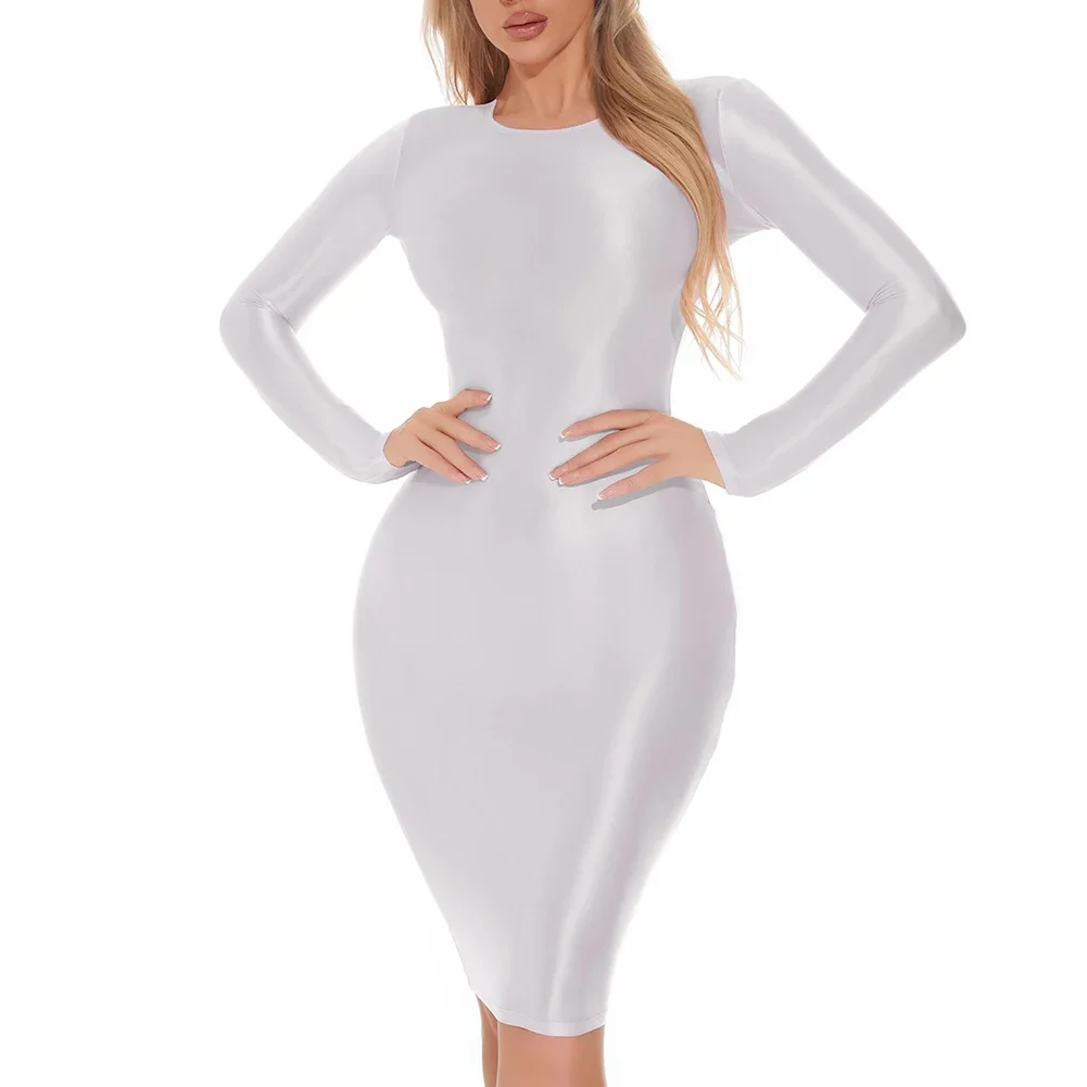 

Female Bodycon Dress Quick-drying Slim Fit Solid Color Tights Club Glossy Lingerie Long Sleeve Nightwear O Neck