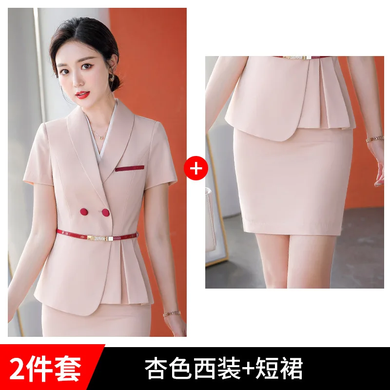 Zdjęcie 7: Profesjonalny garnitur damski letni elegancki z krótkim rękawem, marynarka, sukienka, odzież robocza do salonu kosmetycznego, sklepu z biżuterią, hotelu, na recepcję.