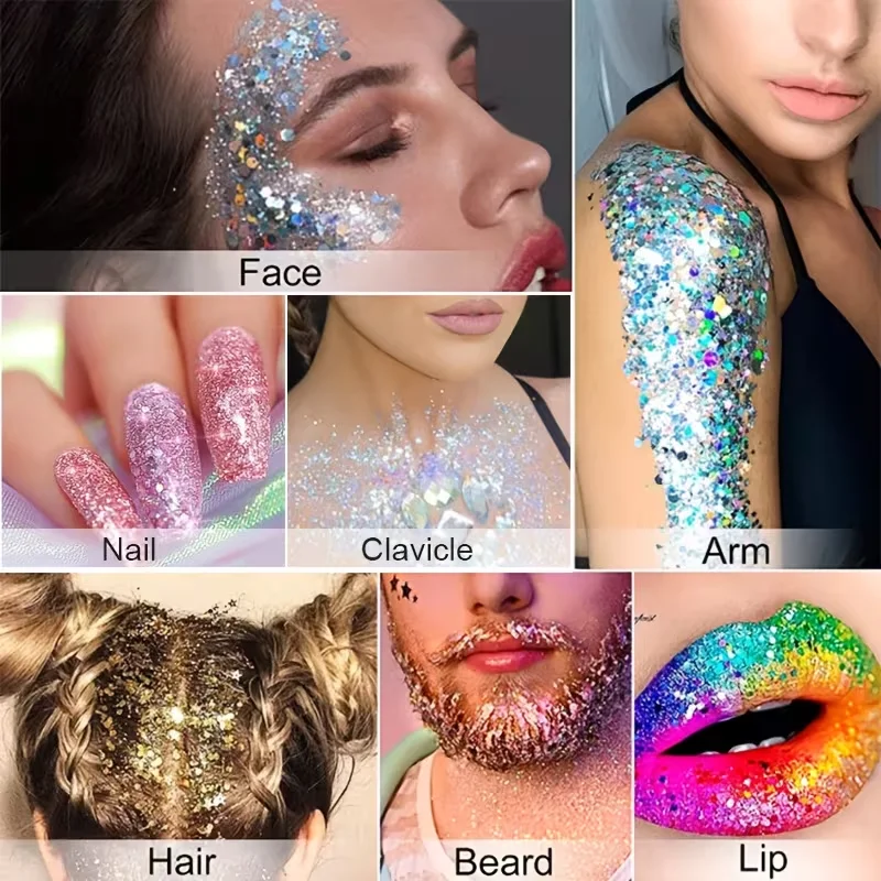 2個入り フェイス＆ボディグリッターメイクアップセット アプリケーターブラシ付き、フェスティバルパーティー用キラキラスパンコール アイシャドウ ネイルアートデコレーション