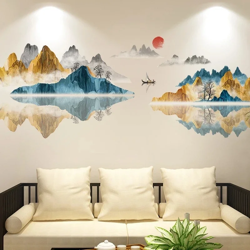 Chinese Landscape Wall Stickers Home Office Decor Aesthetic Living Room Wall Decoration 3D Stickers Bedroom Decals for Furniture