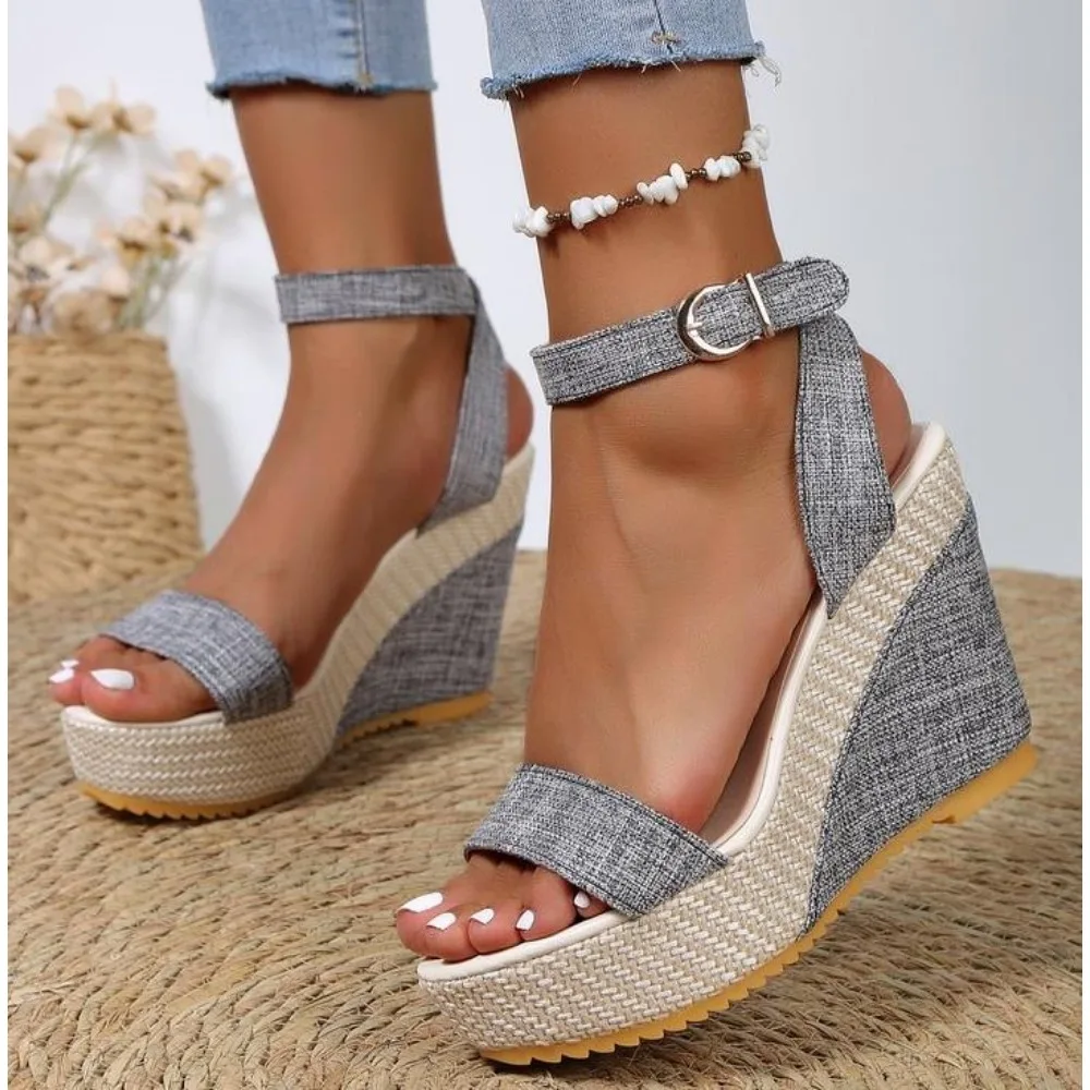 Sandalias de cuña con hebilla en el tobillo para Mujer, zapatos de mezclilla cómodos, suela gruesa, talla grande 35-42, Verano