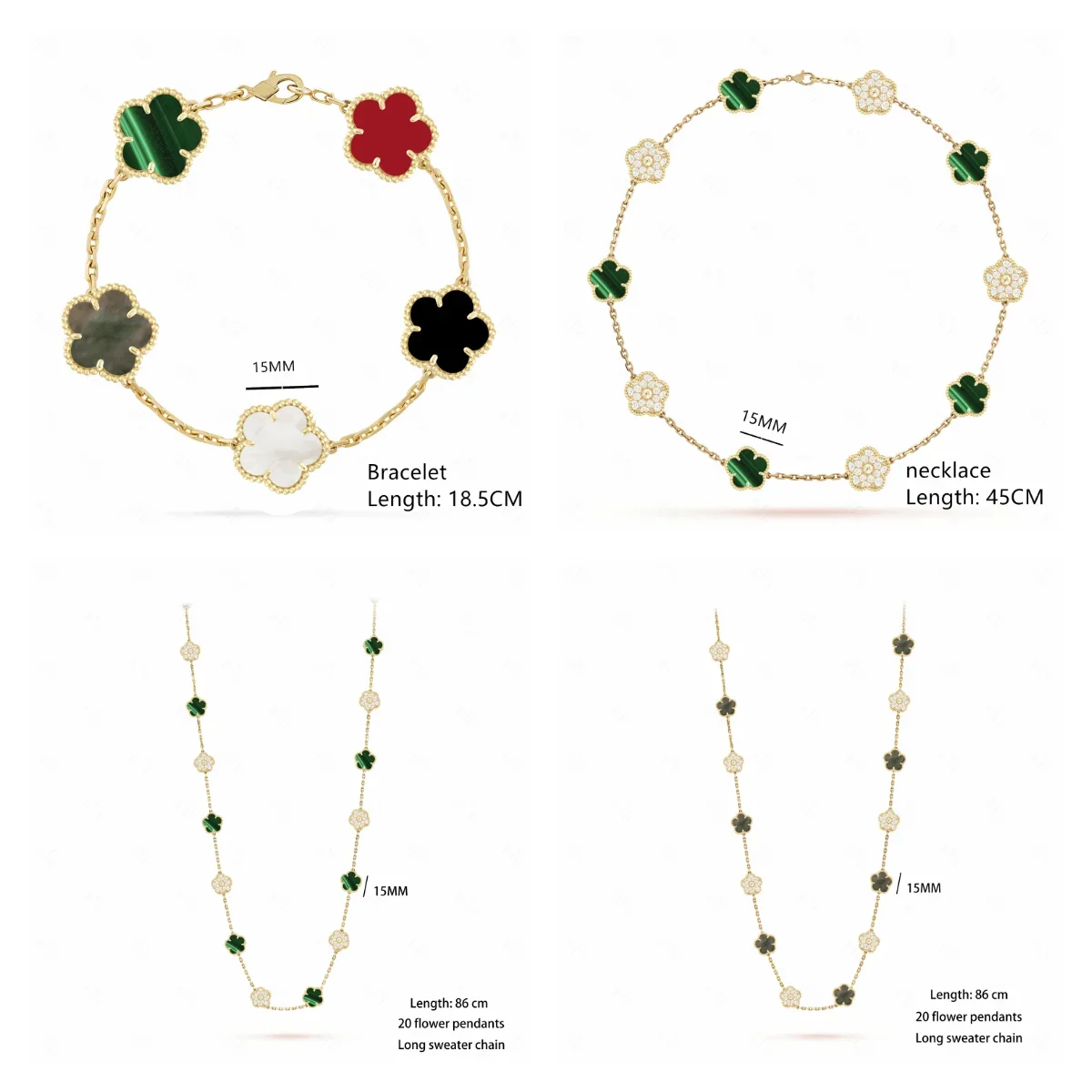 

4 Leaf Flower Bracelet and Necklace Jewelry Set Natural Fritillary High-quality Waterproof 86cm and 45cm Long Necklace with Box