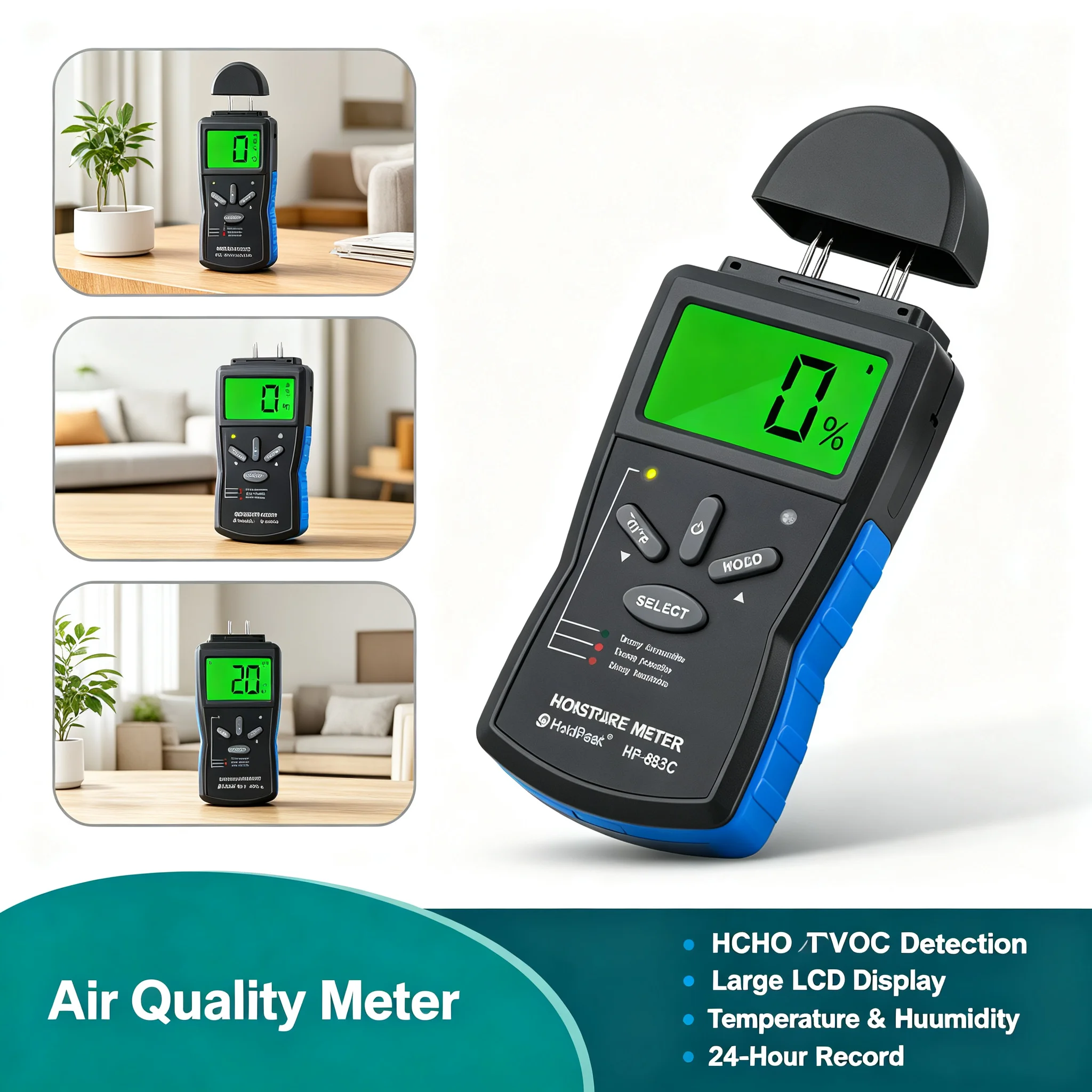 Digital Wood Moisture Meter Pin Type Damp Tester LCD Temp Display LED Indicator for Timber Paper Building Material Concrete