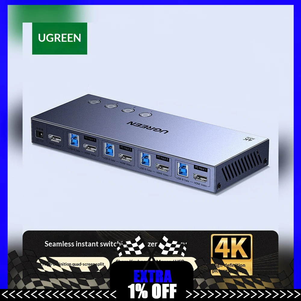 UGREEN 55497 HDMI 1.4 KVM Switch 4 In 1 Out Seamless Video Selector for Four Computers One Monitor