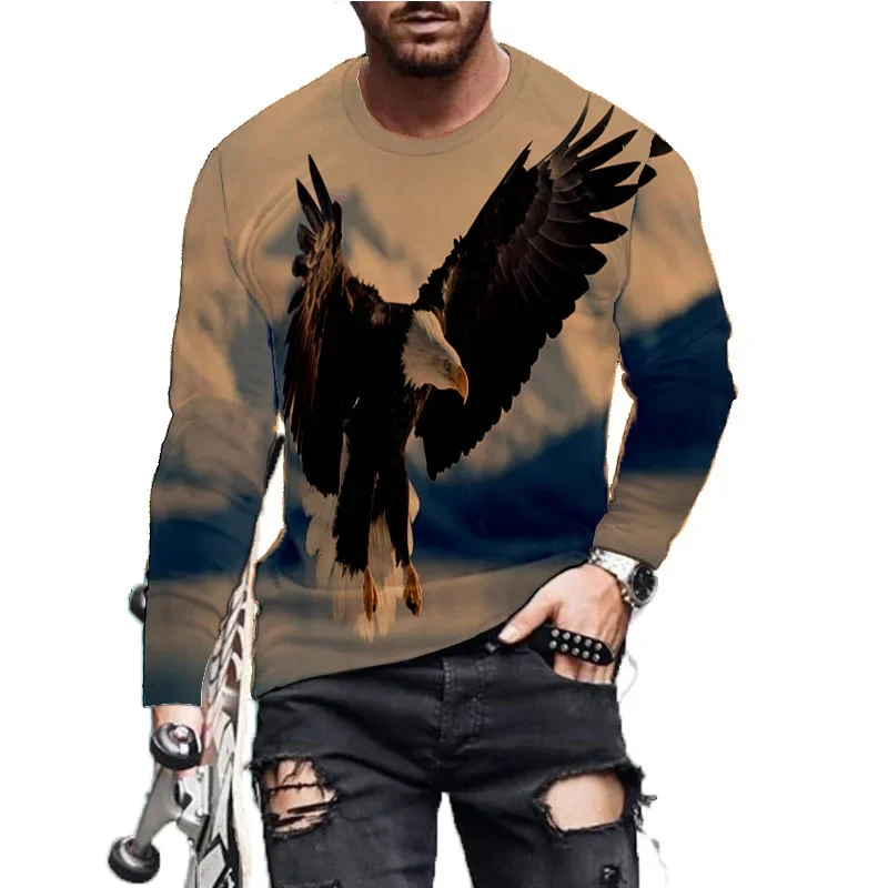 Vintage Simple Solid Colour Eagle 3D Print Spring Mens O-Neck T-shirt Casual Long Sleeve Oversized Pullover Fashion Men Clothing