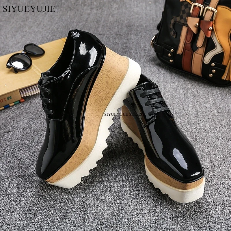 

Горячие женские лоферы на танкетке из натуральной кожи, повседневная обувь, пикантные кроссовки Super Star с квадратным носком на шнуровке zapatos de mujer на каблуке