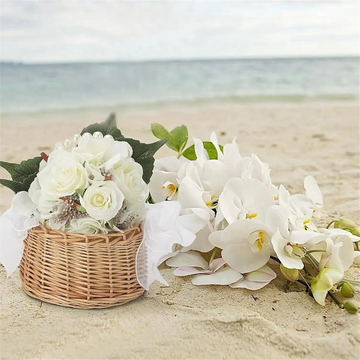 HITL Pastoral Style Wicker Flower Basket with Pearl Handle,Elegant Wedding and Home Decoration Accessories,Flower Girl Basket