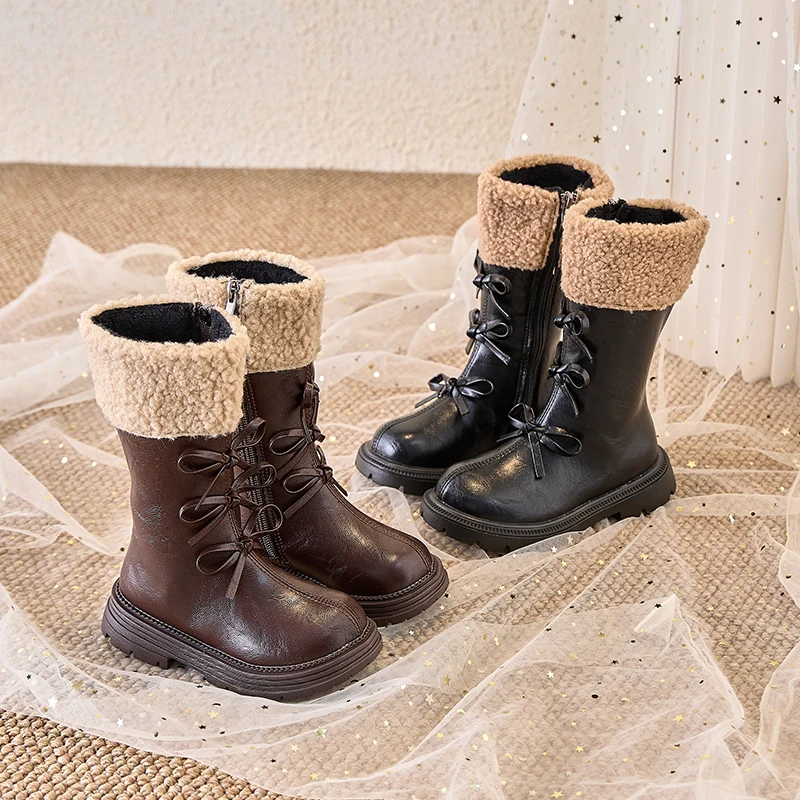 

Autumn Winter Children High Top Boots Girls Snow Boots Bow Princess Shoes Outdoor Anti Slip Soft Soled Windproof Kids Boots
