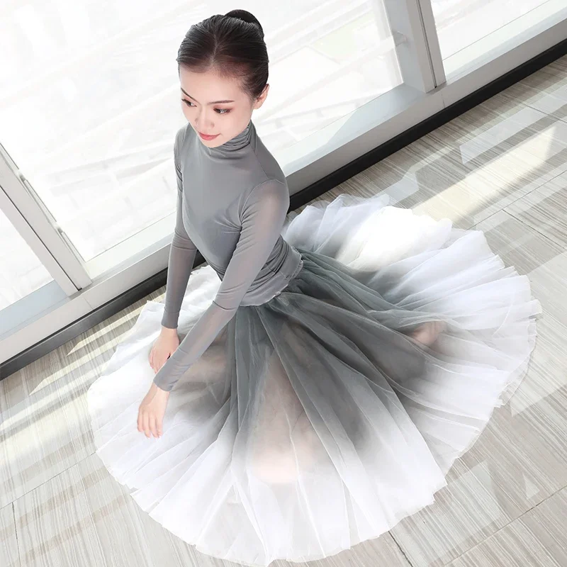 Women Ballet Tops Skirts Adults Dance Suits Soft Gradient Gray Dress Turtleneck Long-Sleeve Yoga Classical Gauze Mesh Dancewear