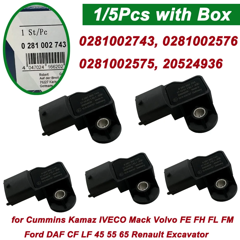 New 1/5Pcs 0281002743 0281002576 Intake Manifold Pressure Sensor 20524936 853725 3968437 for Mack Volvo Kamaz Renault Excavator