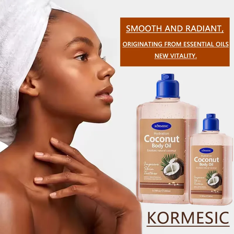 Aceite esencial de masaje de aceite corporal hidratante de coco KORMESIC en inglés