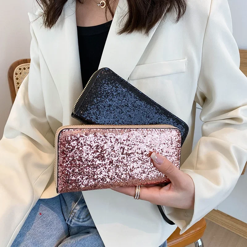 New Fashion Simple Women's Purse New Student Coin Purse Korean Version Sequin Wrist Strap Long Dinner Hand