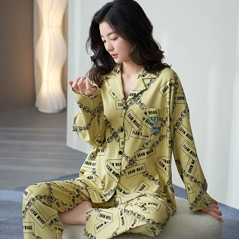 M-XXL Women's All Cotton Home Furnishings Cardigan Letter Printed Fashion Women's Pajamas Spring and Autumn