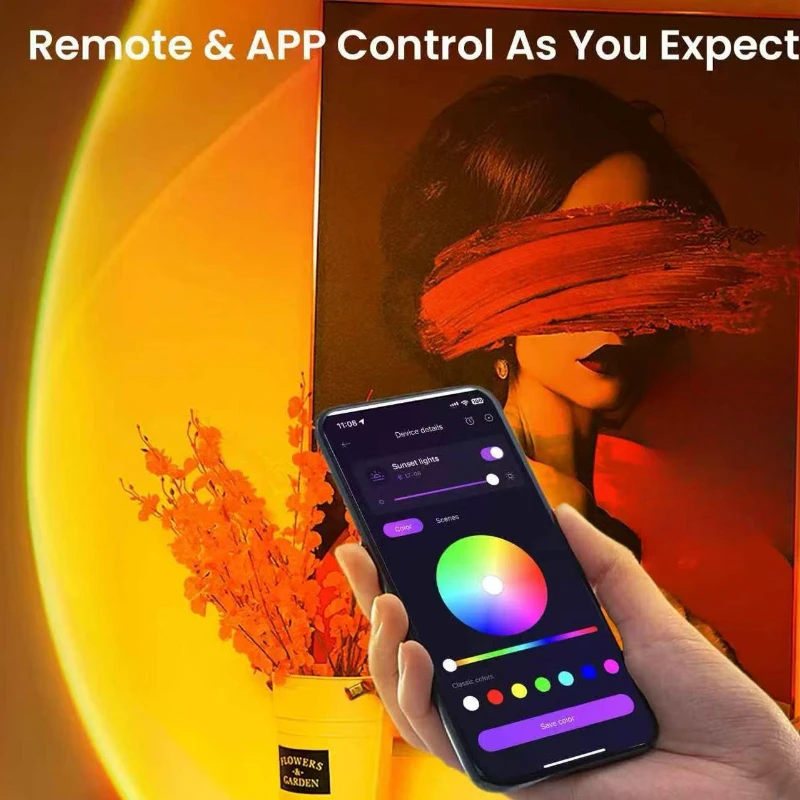 LED Smart Sunset Lamp, RGB Night Light with Remote Control and APP USB Charging for Photography Party Home Living Room Bedroom