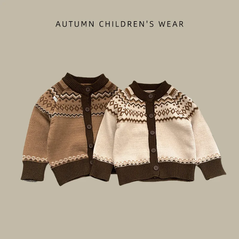 Children's autumn and winter Nordic style knitted cardigan, male baby's Fair Island jacquard sweater, baby's trendy outerwear