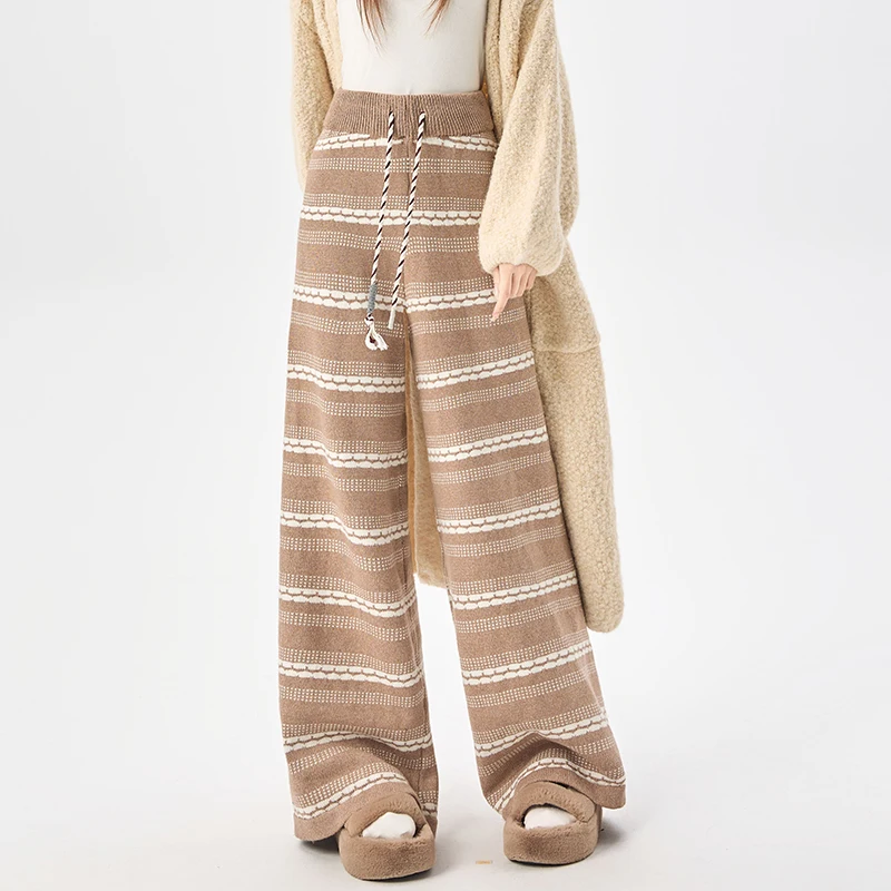 Pantaloni maglione ispessiti Pantaloni larghi casual a vita alta a gamba larga Autunno Inverno 2026 Nuovi pantaloni caldi lavorati a maglia