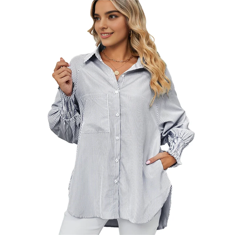 

NEW-Womens Striped Button Down Shirts Long Sleeve Tunic Tops