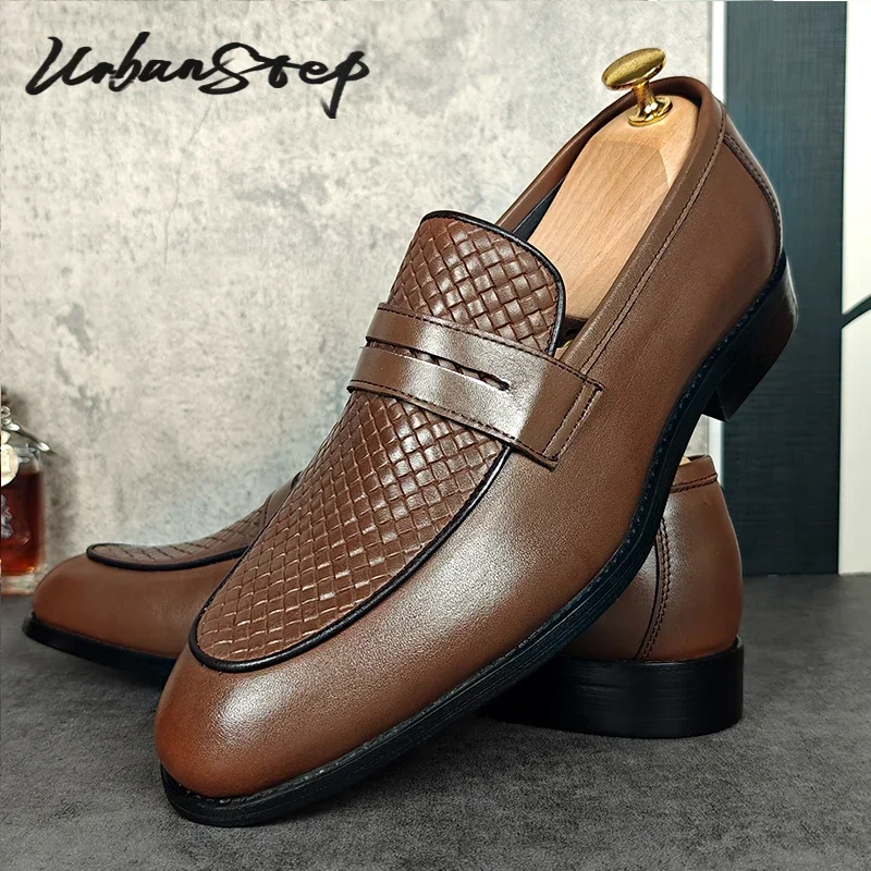 

Handmade Italian Luxury Mens Leather Shoes Weave Print Casual Shoes Light Brown Wedding Office Dress Man Shoes Loafers Men