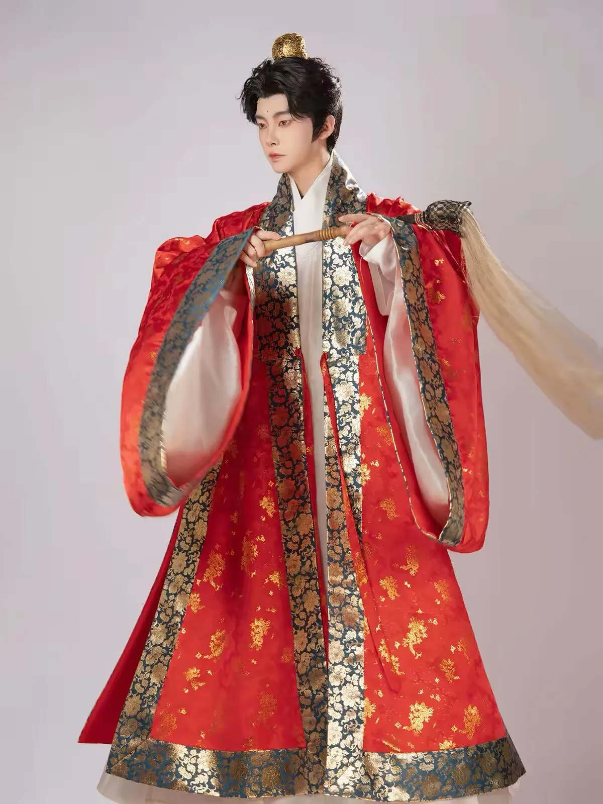 Men Ming Dynasty Hanfu Golden Dragon Jacquard Satin Double Layer Large Lapel Duijin Coat Traditional Chinese Ancient Costume