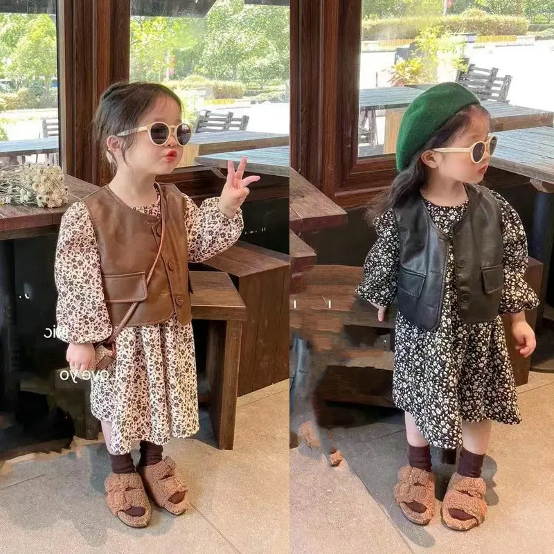 Girls SuitPULeather Vest with Extended Sleeves and Floral Dress25Spring and Autumn New Fashion Foreign Trade Children's Clothing