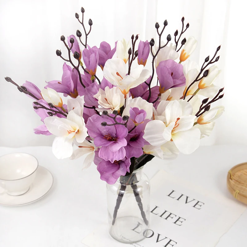 5Forks 20Heads Artificial Silk Flower Bouquet Simulation Magnolia Plant for Home Living Room Decoration Wedding Fake Flowers