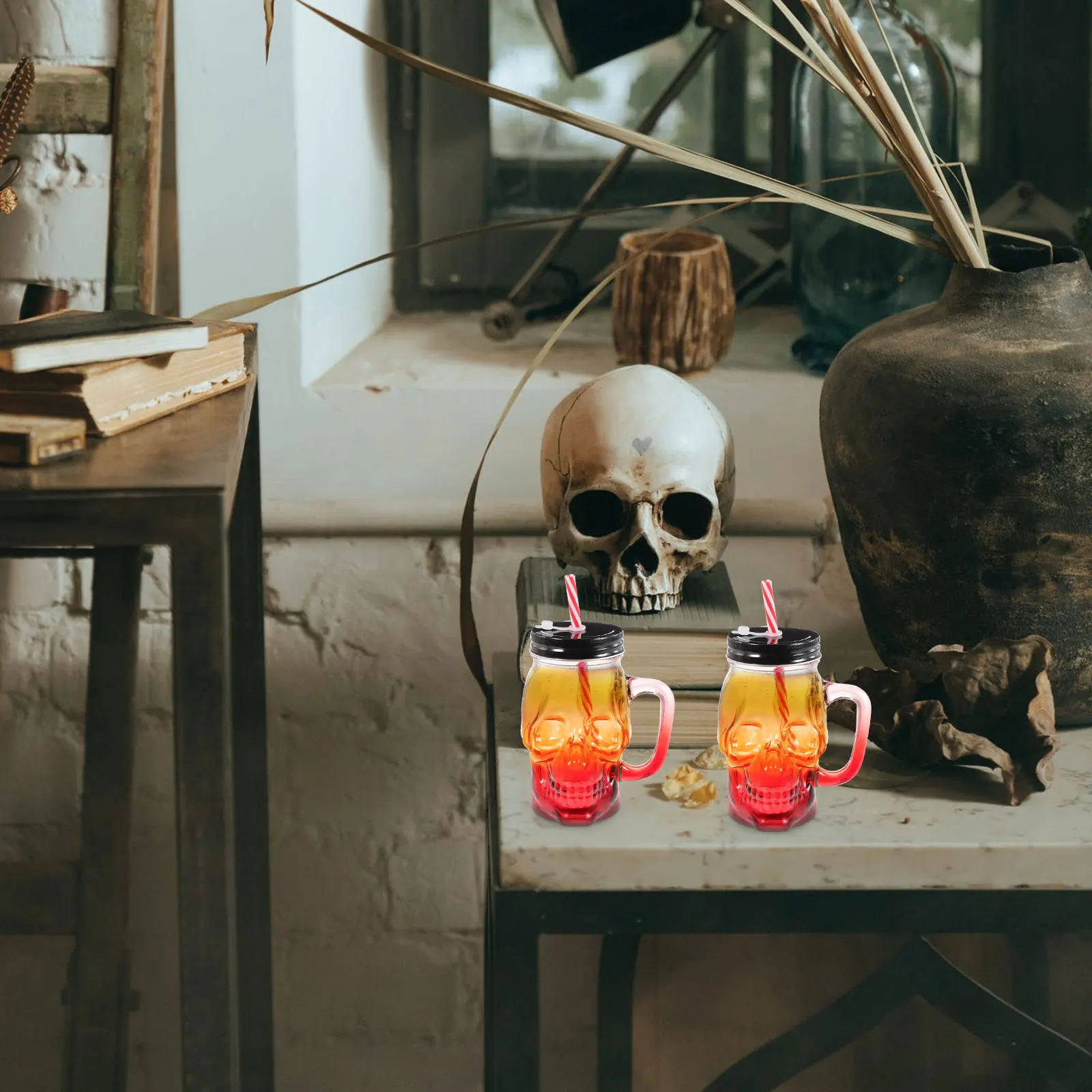 

2Pcs Halloween Skull Glass Beer Cups 500ml Unique Gradient Design Reusable Party Skull Glasses Halloween Glass