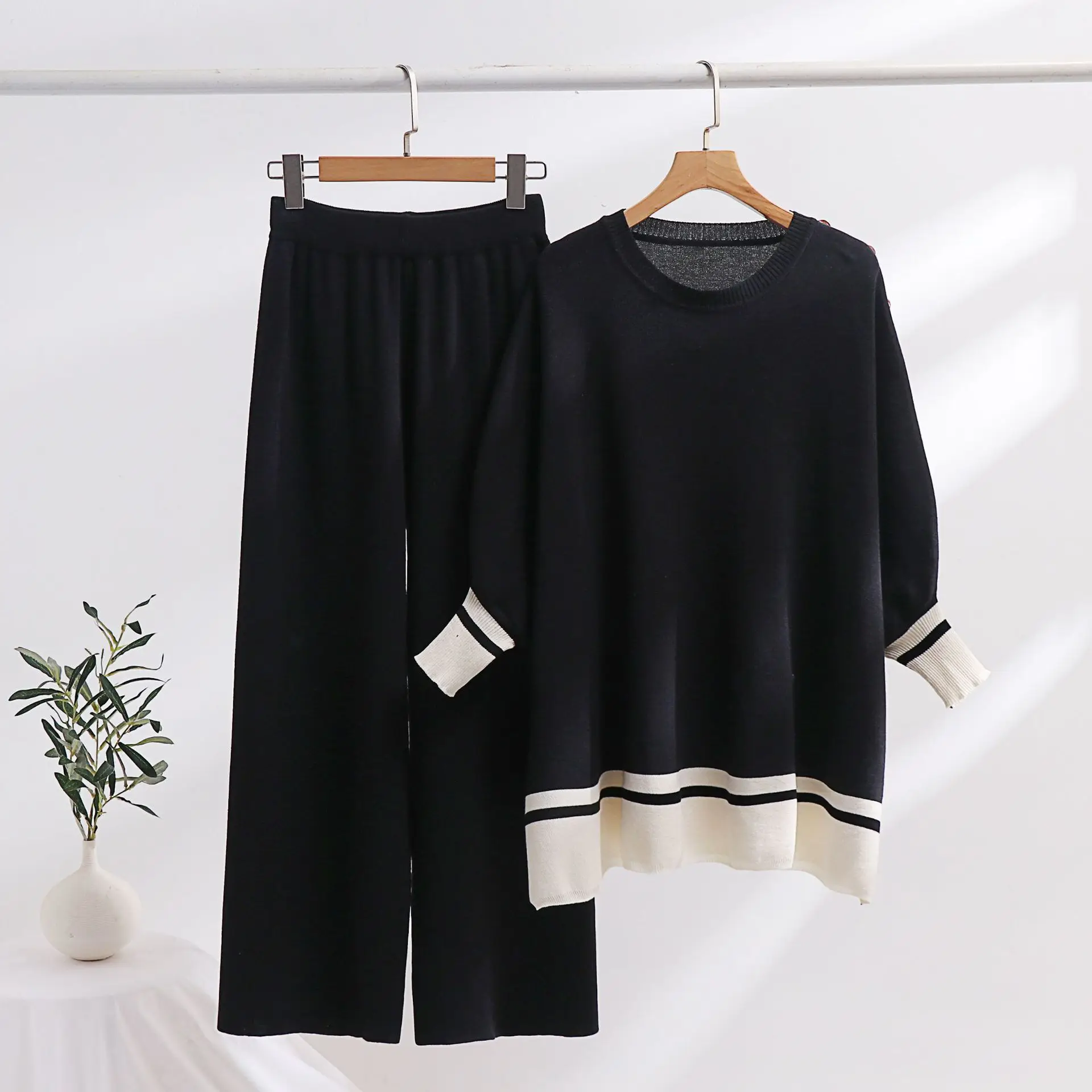 New Knitting Women Suit Wome O-neck Loose  Winter Sweater+Wide Leg Pant Sets Pullover Top Long Trouser Fashion Homewear Outfits