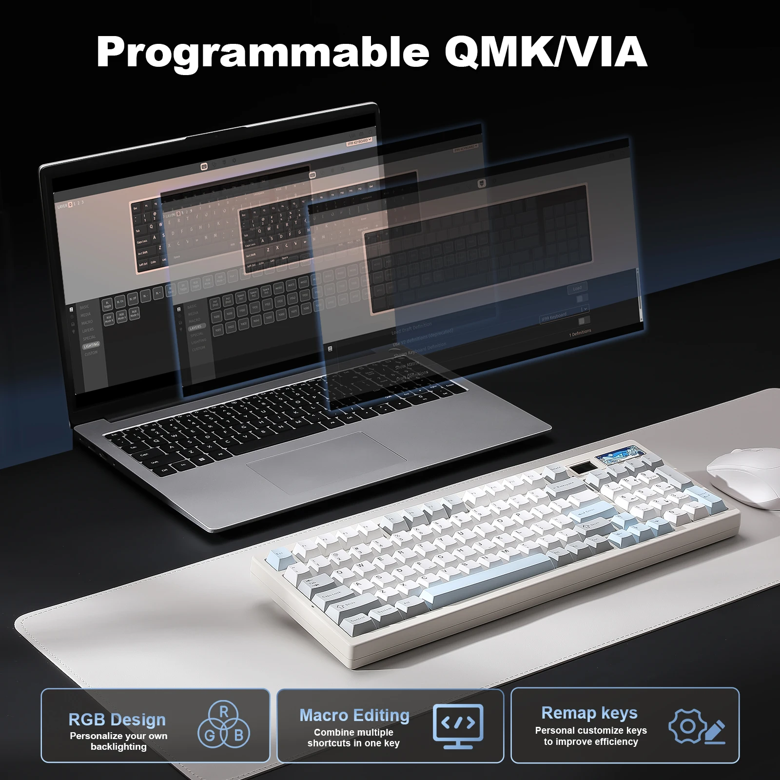 YUNZII IF99 White Wireless Mechanical Gaming Keyboard with Smart LCD Display, QMK/VIA Custom Gasket Hot Swap RGB 96% Keyboard