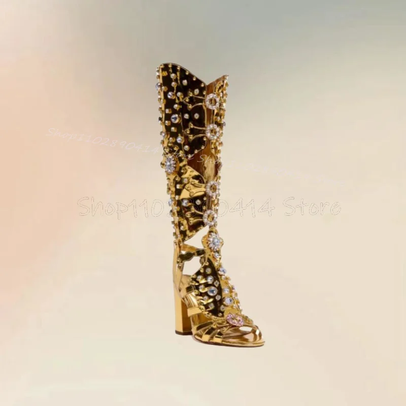 Crystal Flower Decor Gold Hollow Design Sandals Boots Knee High Women Shoes Chunky High Heels Fashion 2026 Zapatos Para Mujere