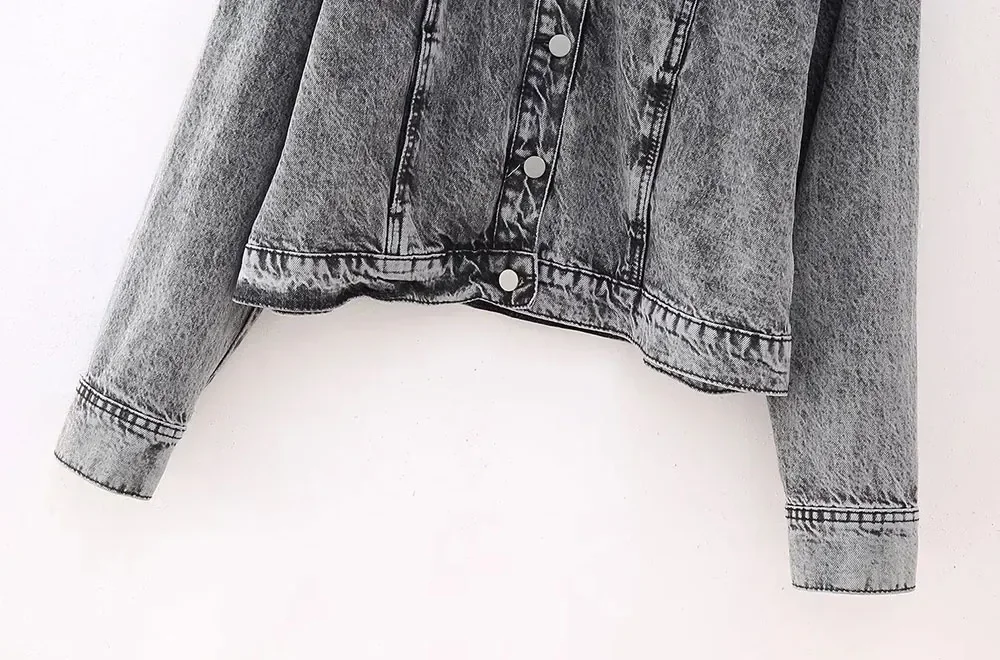 TRAF Women Fashion Studded Denim Jacket Coat Vintage Long Sleeve Front Button Female Outerwear Chic Casual Tops