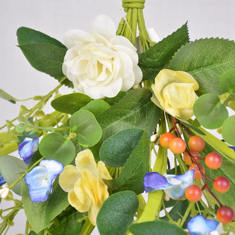 Artificial Teardrop Spring Summer Front Door Teardrop Artificial Flower Roses And Eucalyptus