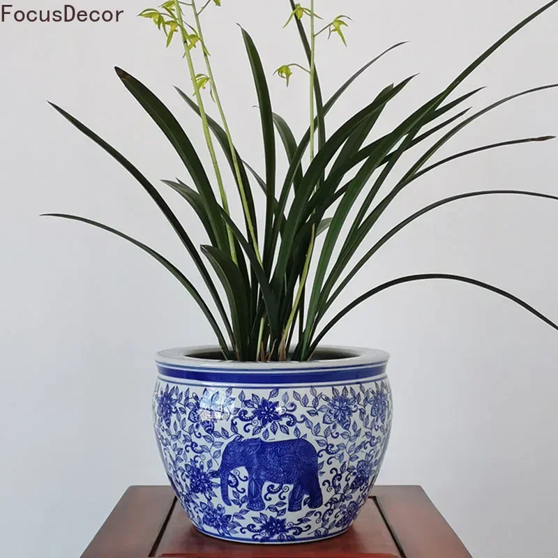 Ceramic Blue And White Porcelain Flower Pot 10-Inch Living Room Retro Chinese Style Butterfly Orchid Chinese Plant Pot