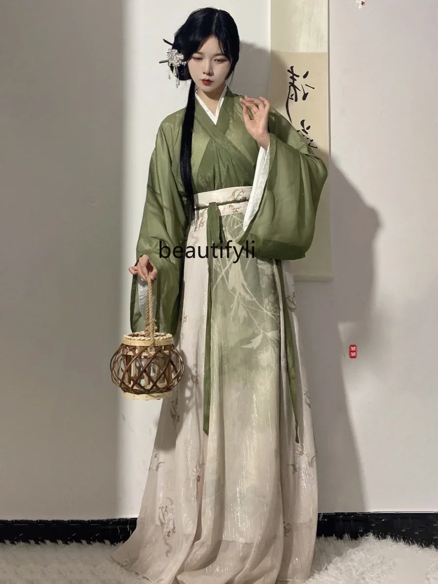 

Wei and Jin Women's Han Chinese Clothing Summer Slim-Fit Cold Cross Collar Eight Broken Skirt Temperament Full Set